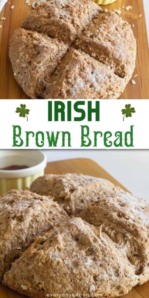 An Irish brown bread on a wooden platter.