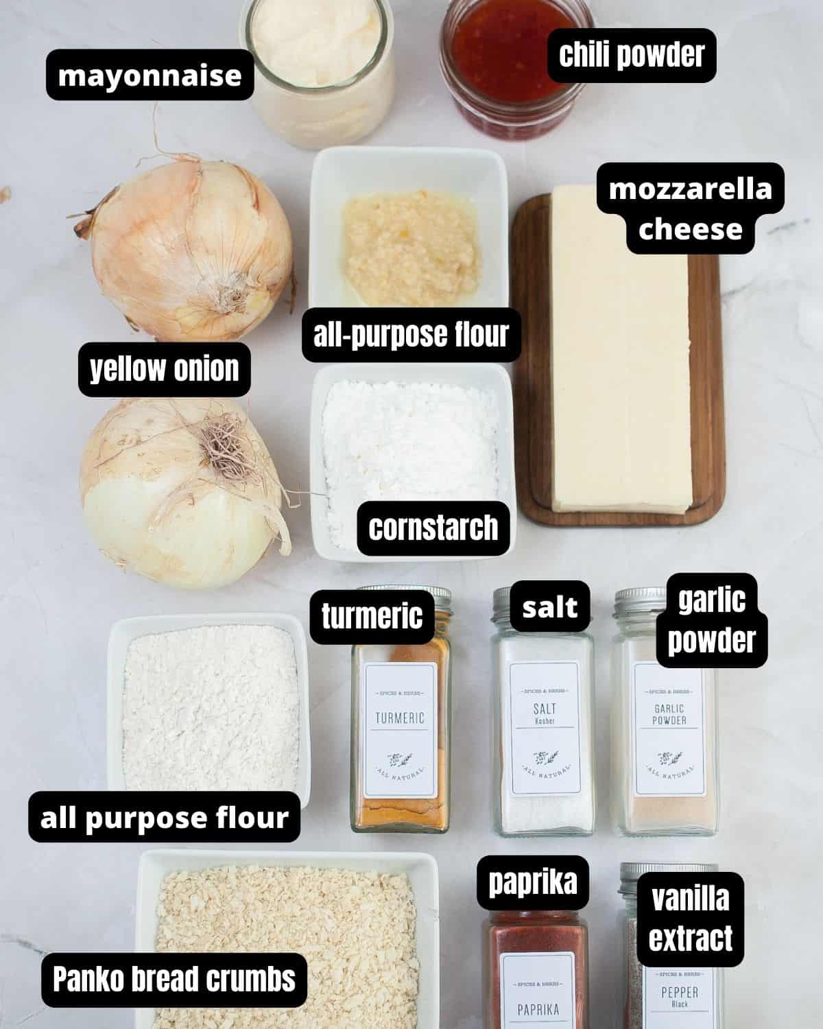 Ingredients for air fryer cheese stuffed onion rings.