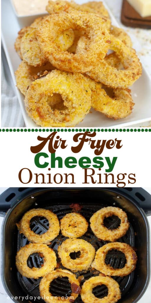 Pinterest Air fryer cheesy onion rings pin with text overlay.