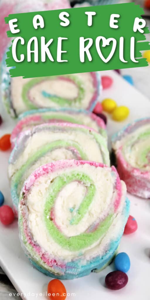 Pinterest pin for Easter cake roll with text overlay.