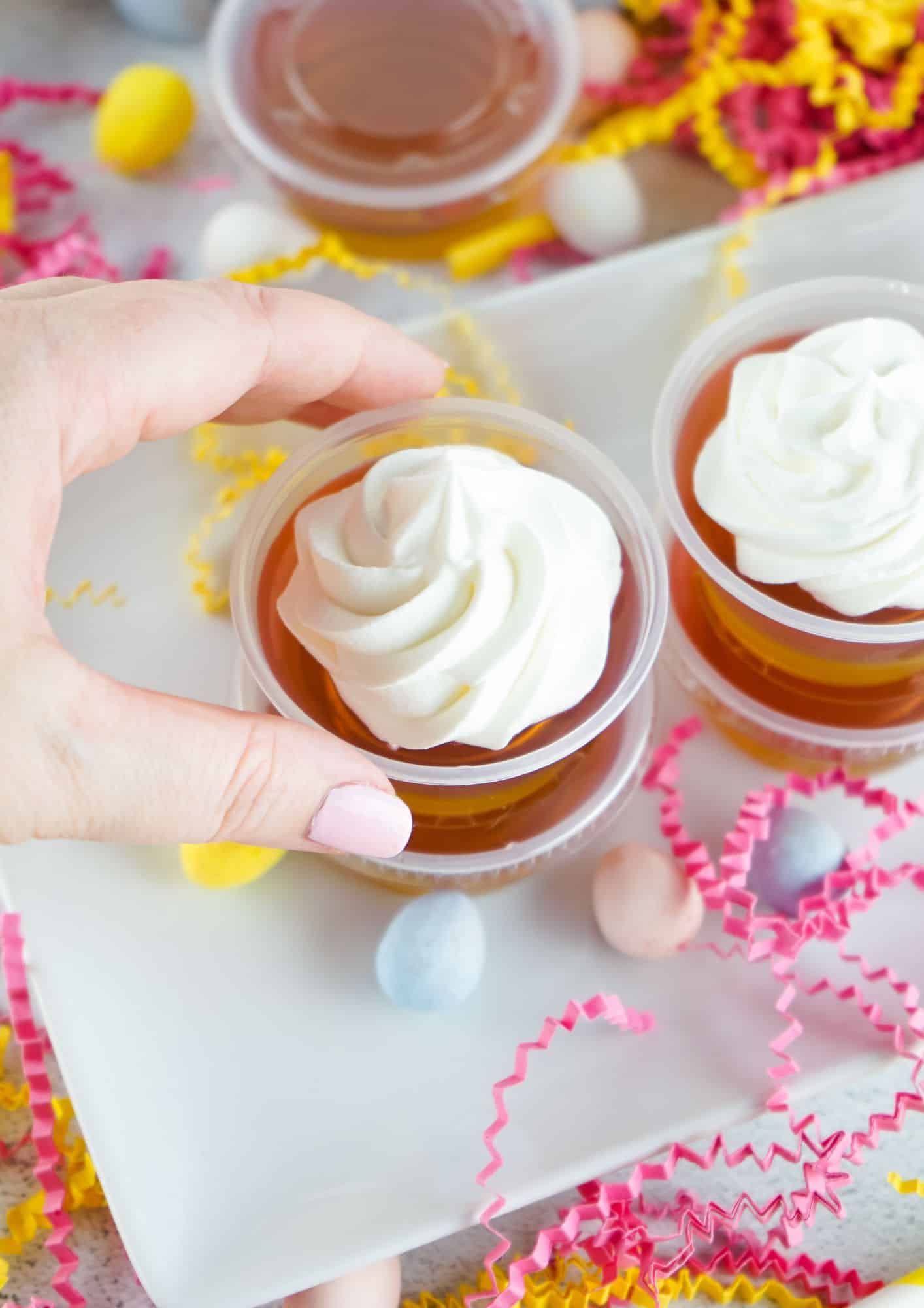 An overhead view of easter gelatin shots made with Starbust gelatin.