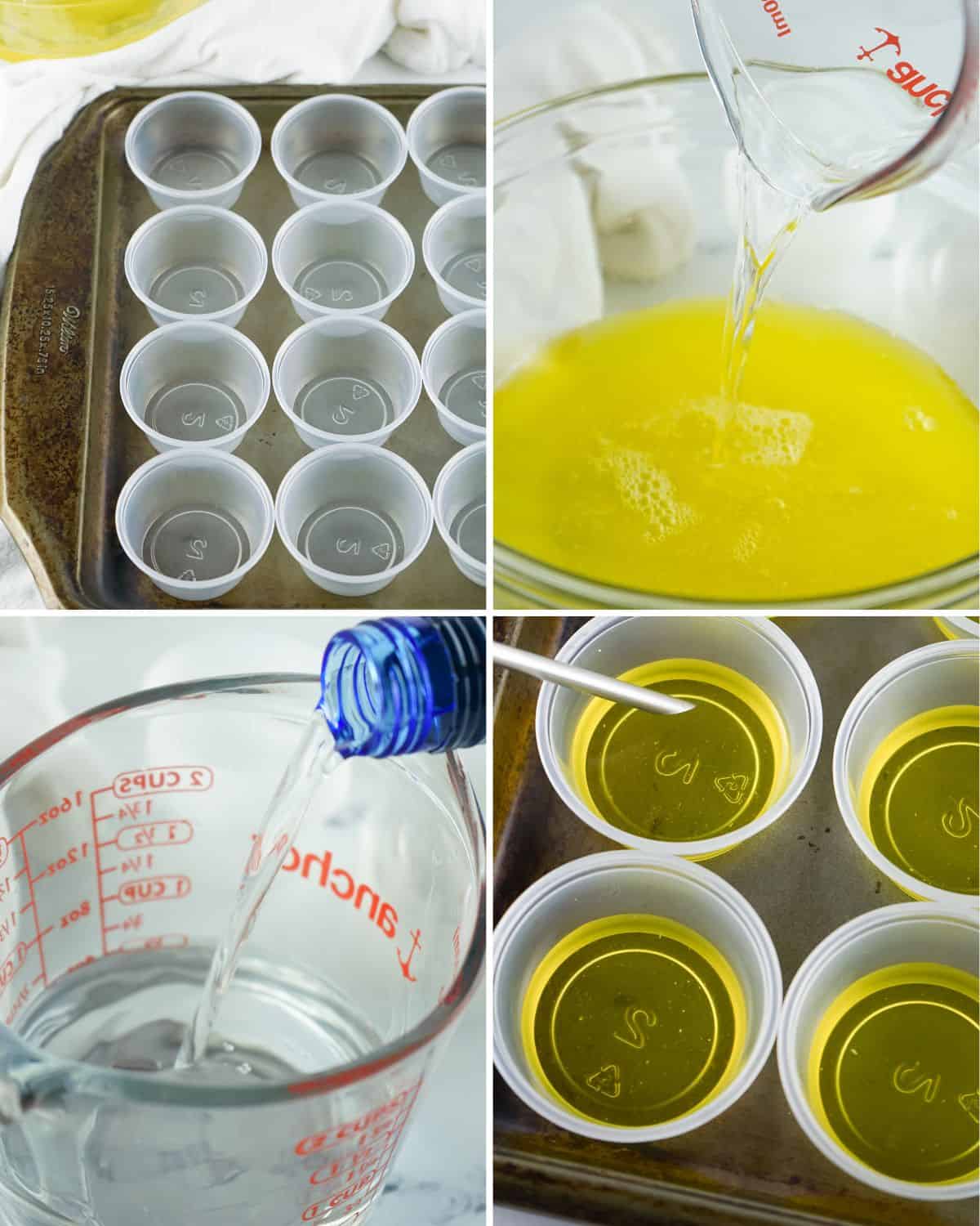 Steps to make the first level of lemon gelatin for vodka easter shots.