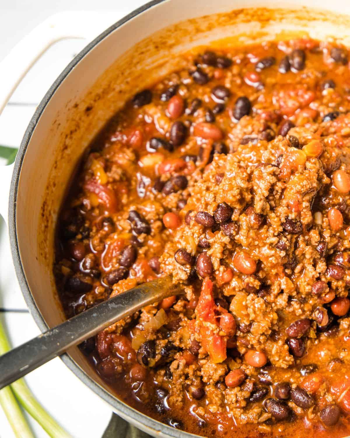 A pot of chili made with chipotle peppers in adobo. 