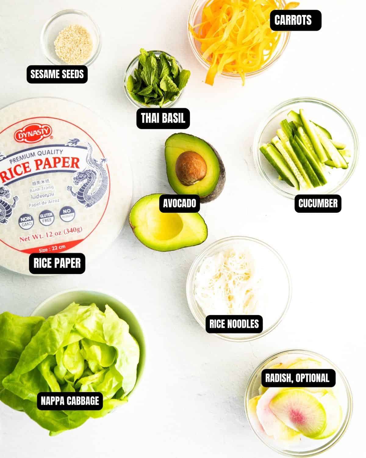 Ingredients to make spring rolls with avocados and vegetables. 