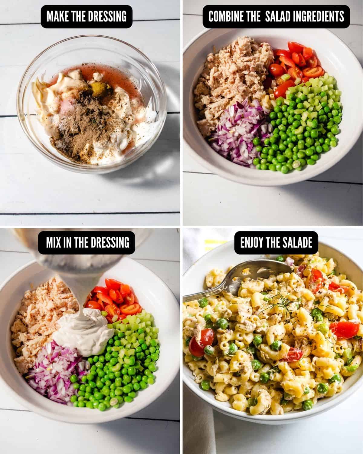 STEPS TO MAKE TUNA PASTA SALAD WITH TEXT OVERLAY.