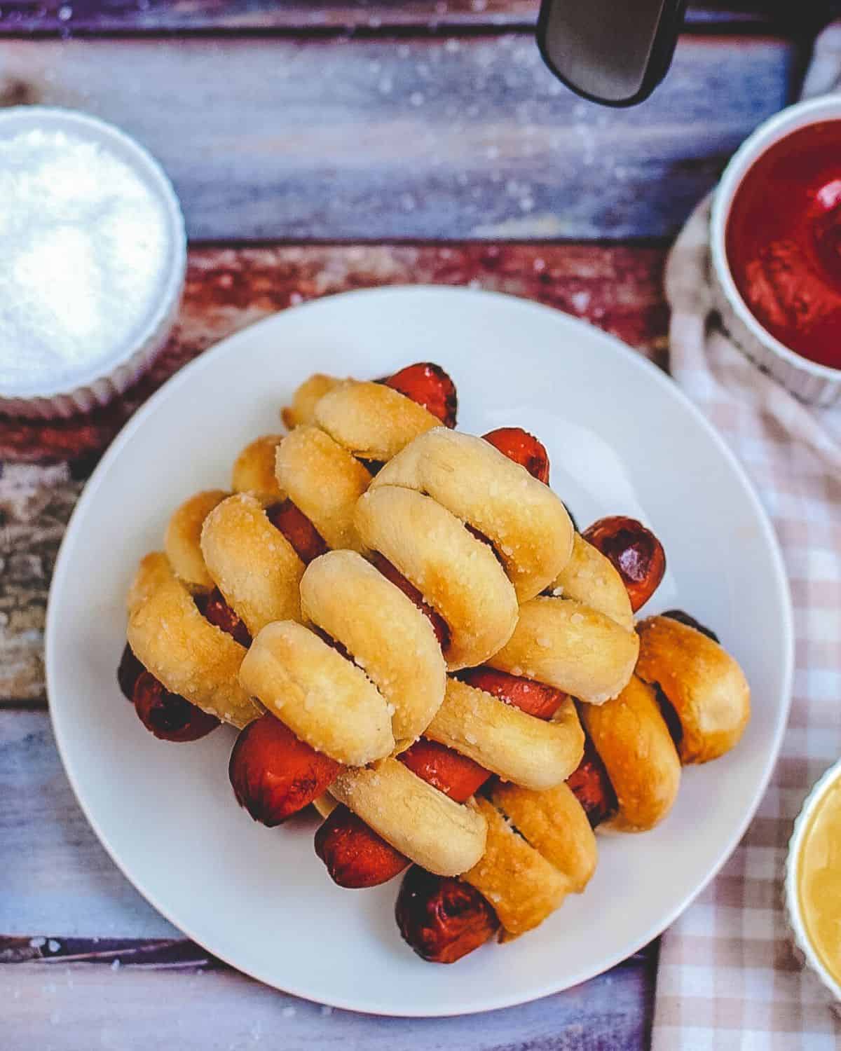 Hot dogs wrapped in pretzel dough.