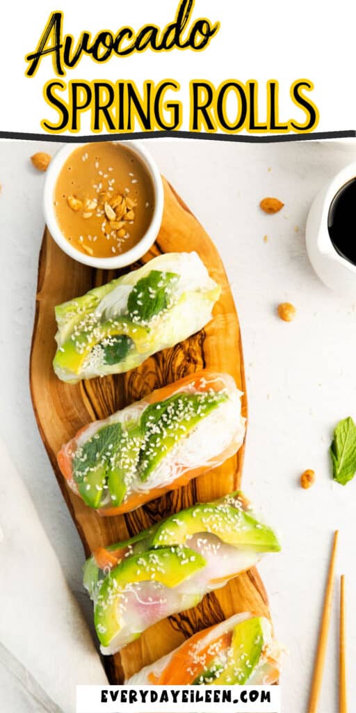 Pinterest pin with text overlay for avocado spring rolls