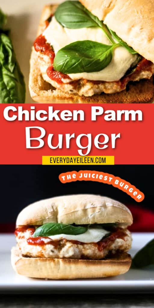 chicken parm burger pinterest pin with text overlay.