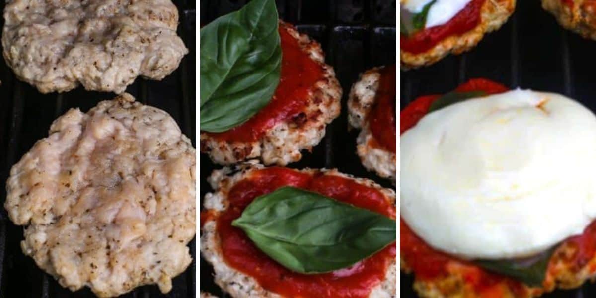 Steps to make a chicken parm burger then top it with marinara, basil, and fresh mozzarella.