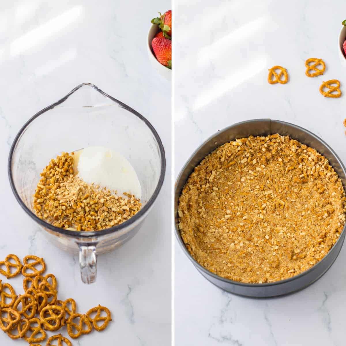 Steps to make a pretzel crust in a springform pan. 