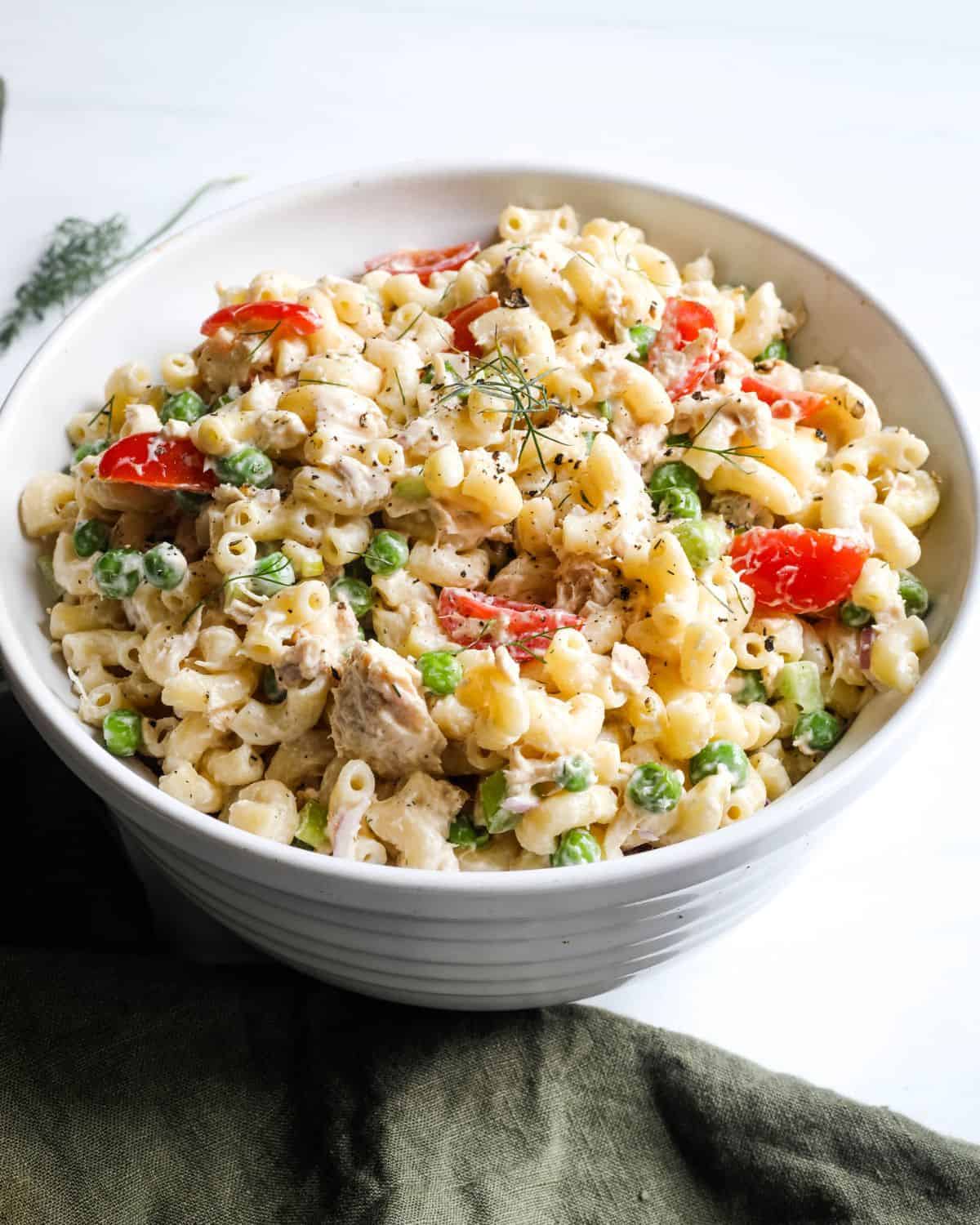 An easy macaroni tuna salad in a bowl.