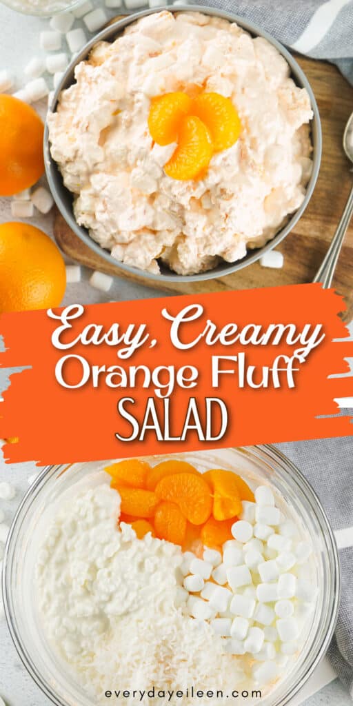 Pinterest Pin for Orange Fluff salad with text overlay.