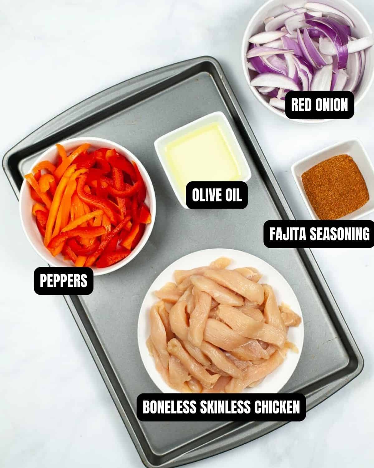 Ingredients with text overlay to make chicken fajitas.