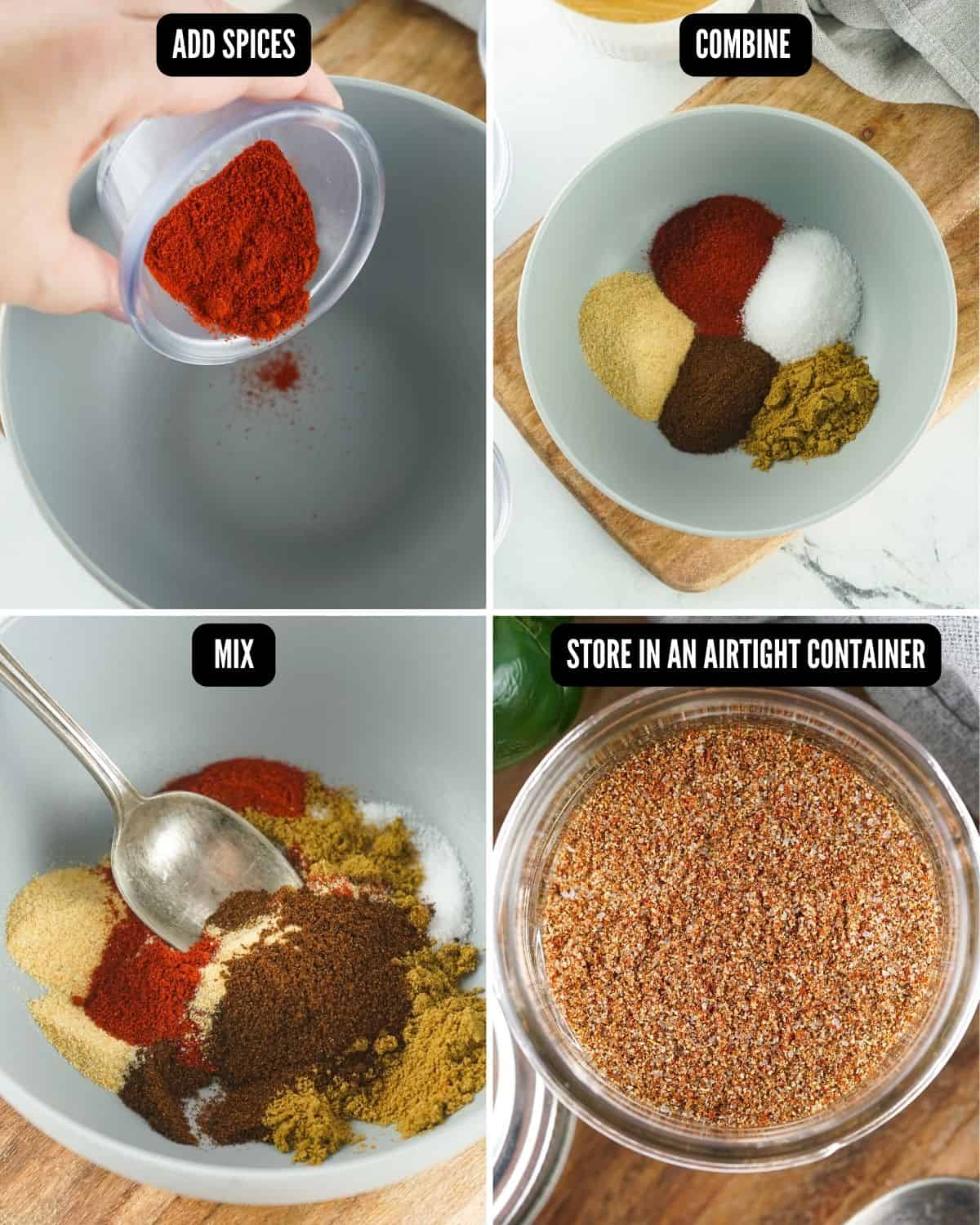 A step by step of the making of homemade fajita seasoning.