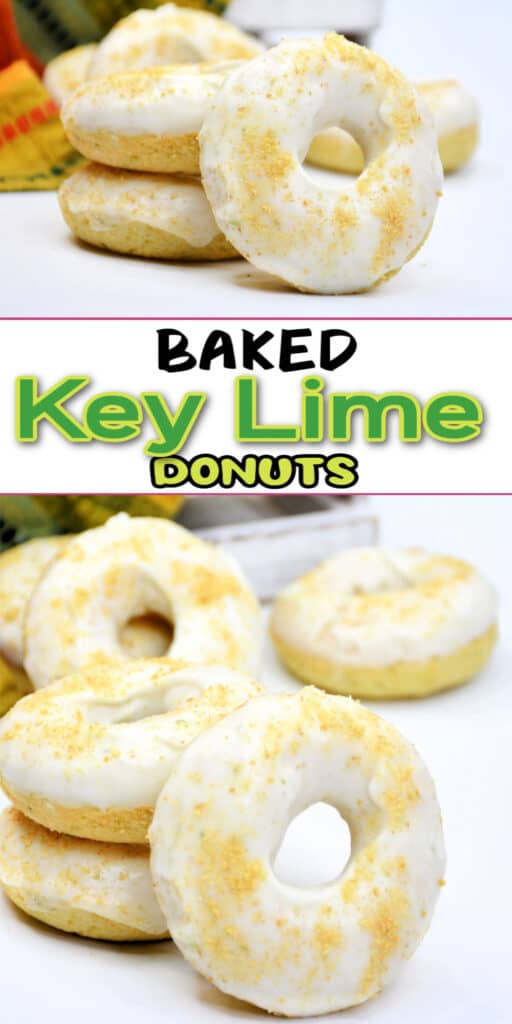 Pinterest pin with text overlay to make baked key lime donuts