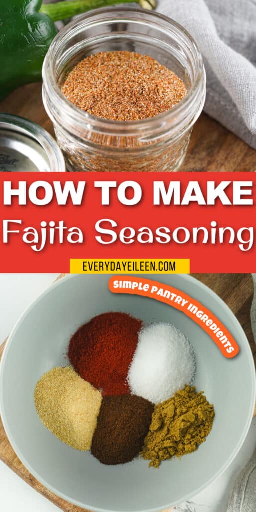 Homemade Fajita seasoning mix pinterest pin with text overlay.