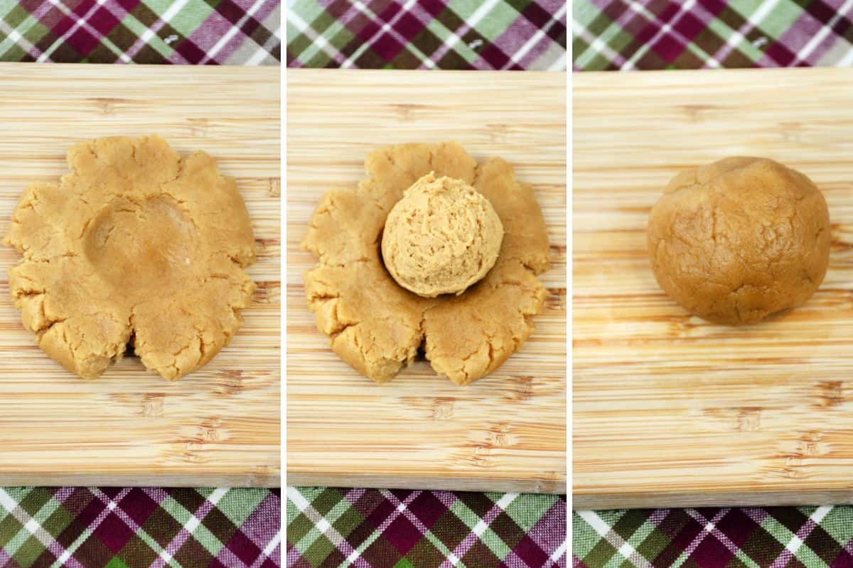 Steps to make peanut butter stuffed cookies.