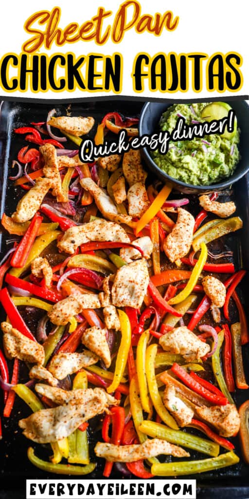 Baked chicken fajitas with peppers and onion on a baking sheet.