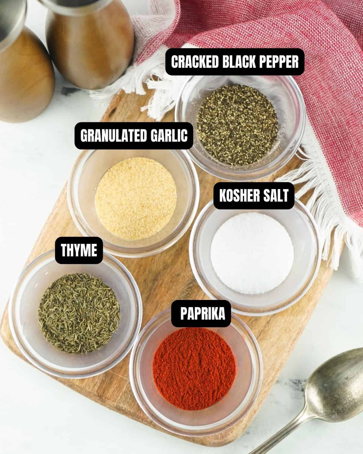 Ingredients with text overlay to make steak seasoning rub. 