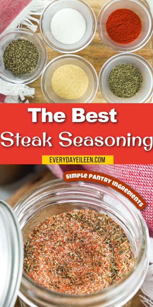 Pinterest pin for steak seasoning with text overlay.