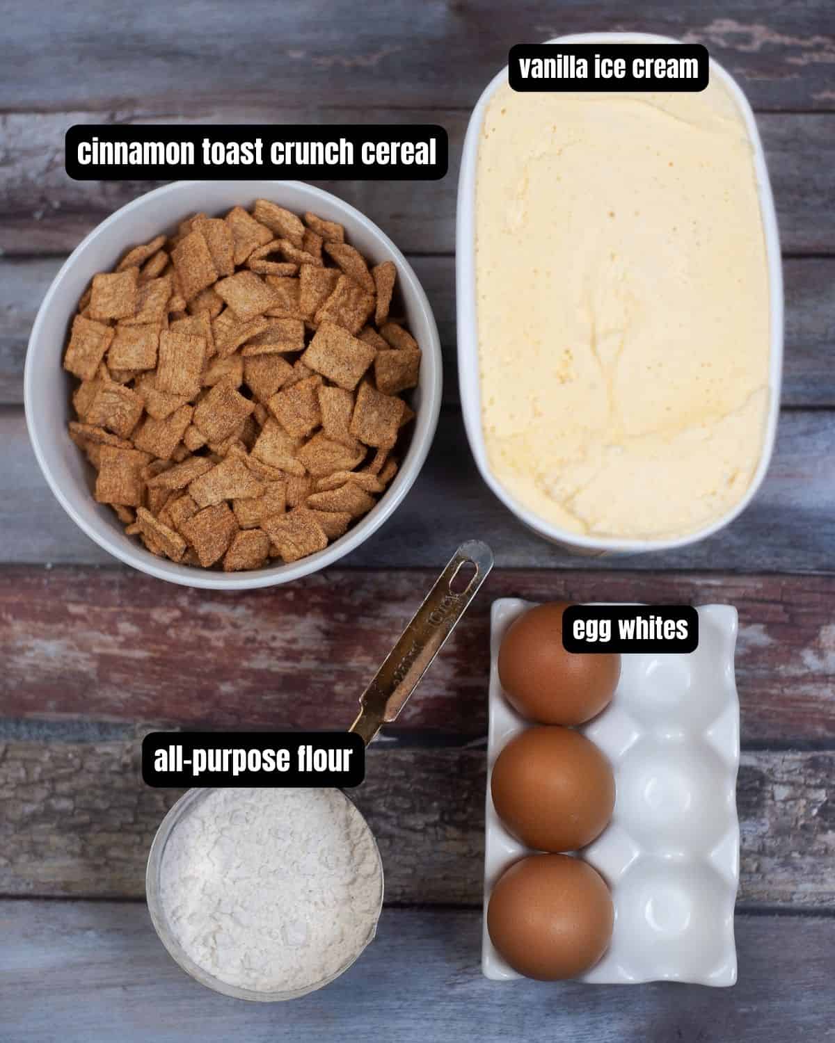 Ingredients to make air fryer fried ice cream with text overlay.