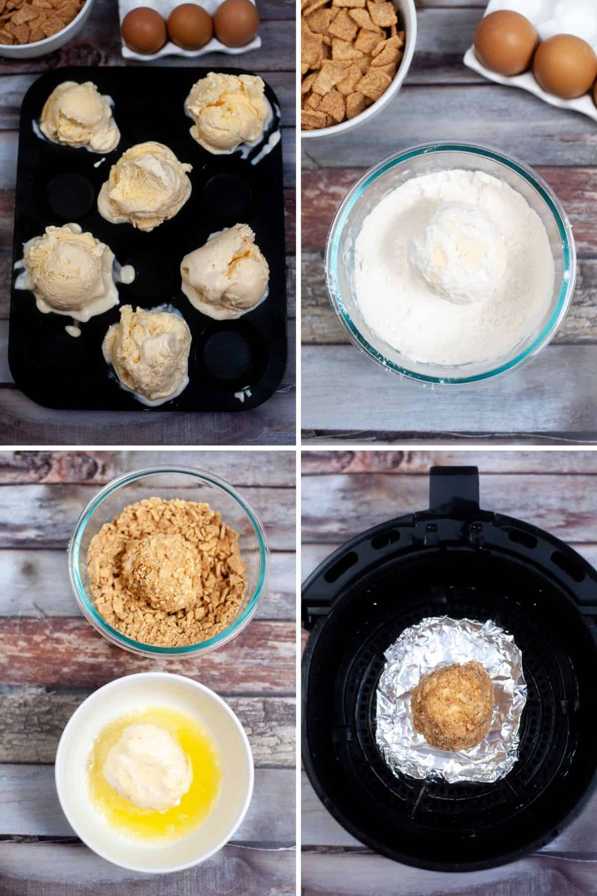Steps to make air fryer fried ice cream.