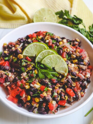 A Mexican black bean salad with corn and a homemade vinaigrette.