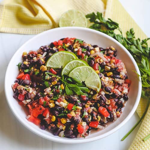 A Mexican black bean salad with corn and a homemade vinaigrette.