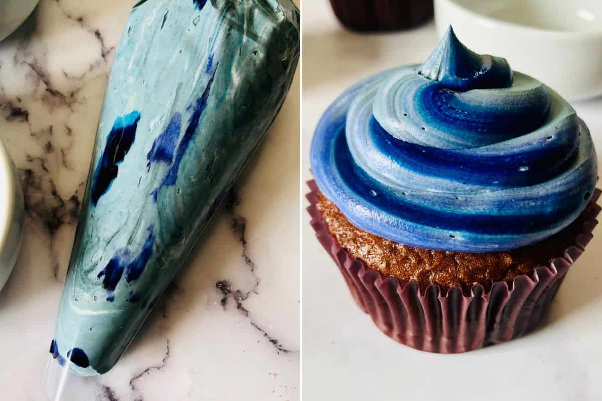 Two photos of galaxy frosting and the second photo is a chocolate cupcake topped with galaxy frosting. 