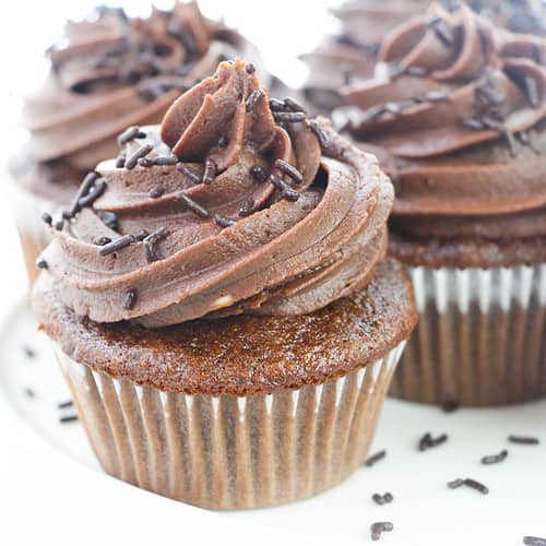 Moist chocolate cupcakes with a chocolate frosting.