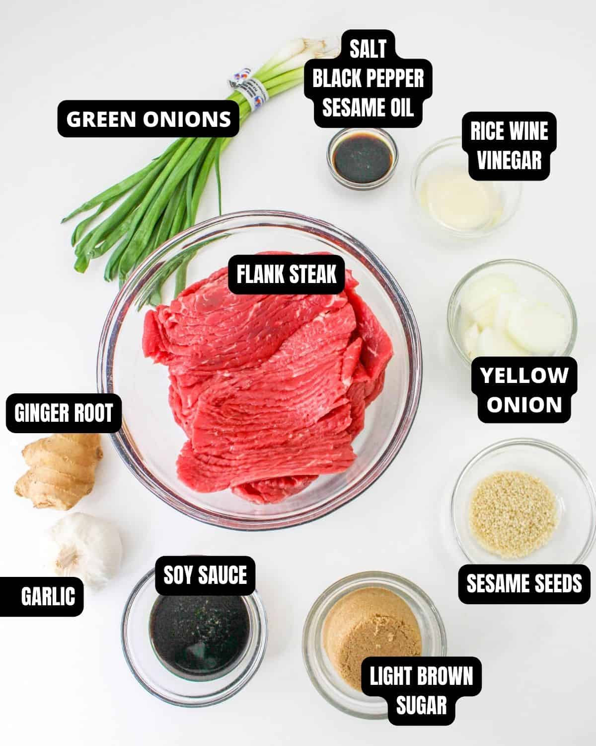 Ingredients with text overlay to make slow cooker Korean beef.