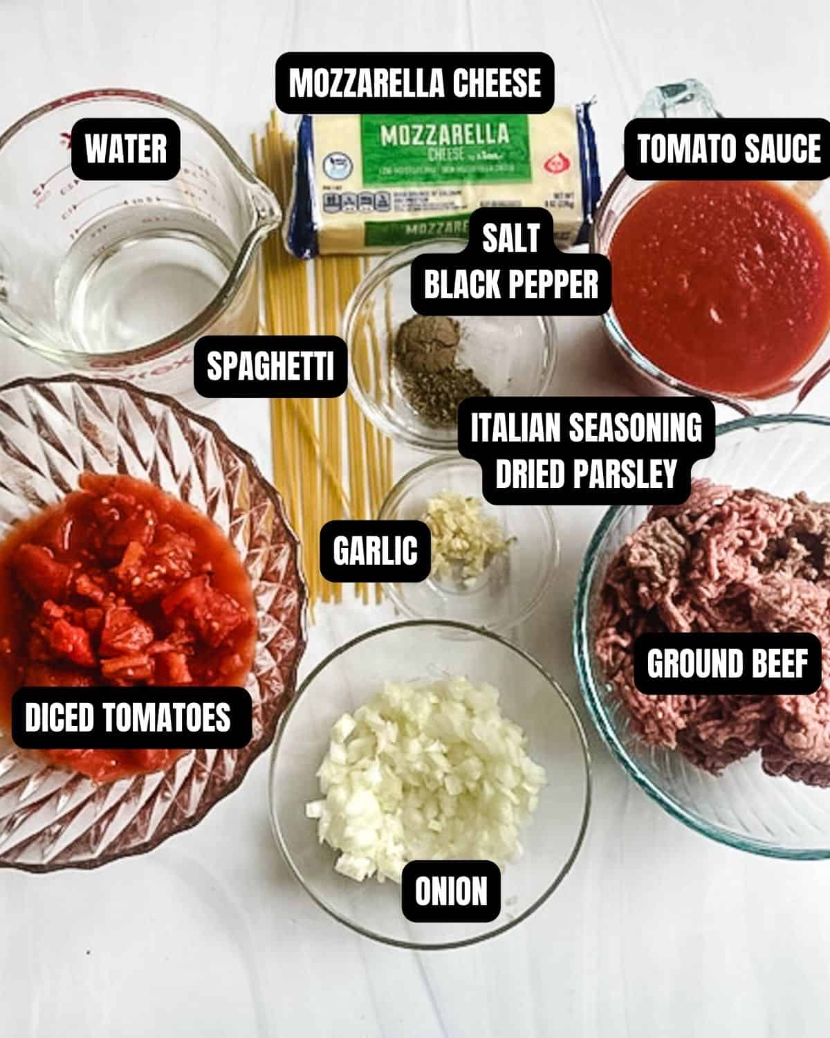 Ingredients to make baked spaghetti with text overlay.