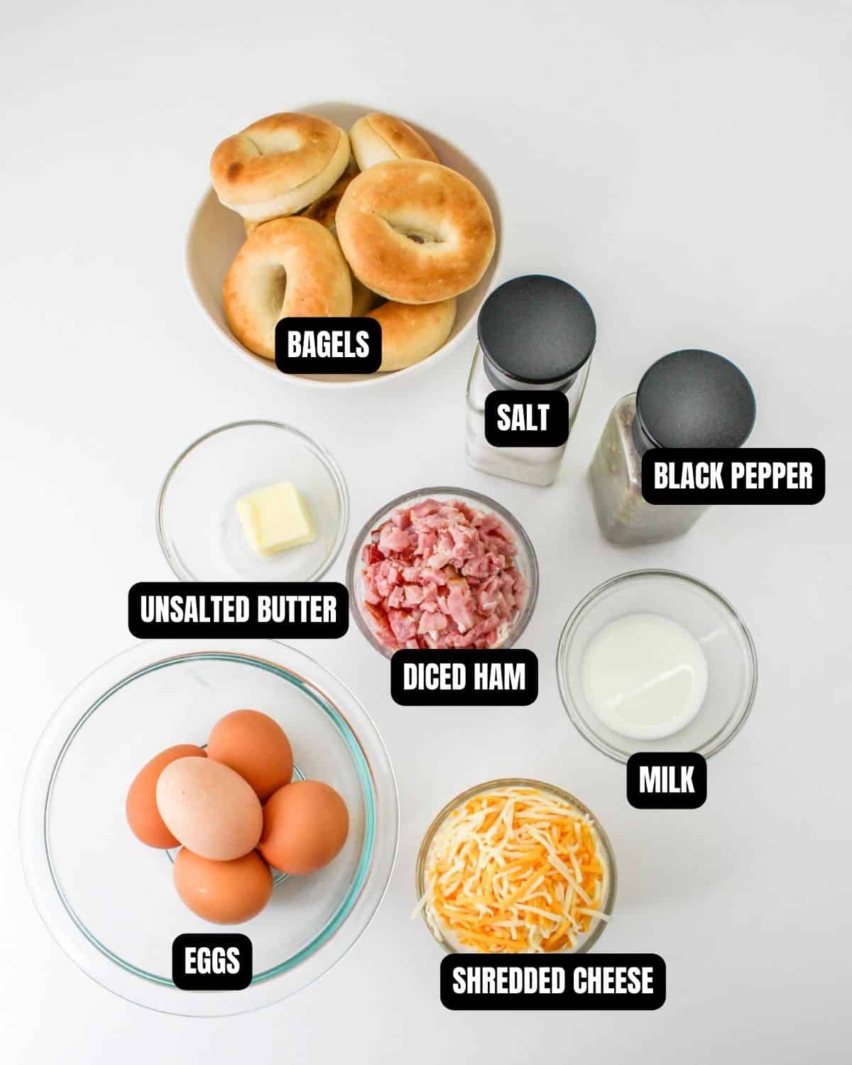 Ingredients to make pizza breakfast bagels with text overlay.