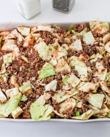 A cabbage roll casserole ready to go in the oven. 