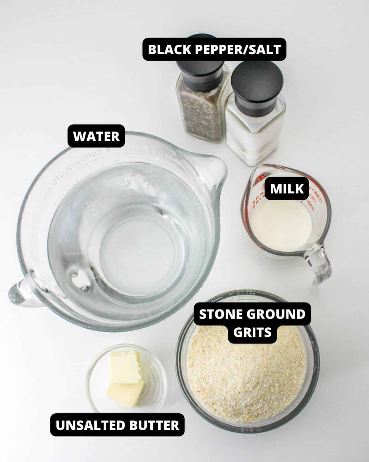 Ingredients to make slow cooker grits with text overlay.