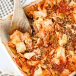Cabbage roll casserole in a large baking dish.