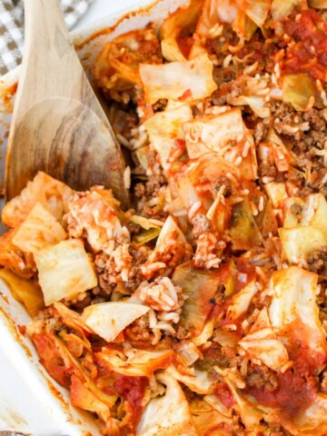 Cabbage roll casserole in a large baking dish.