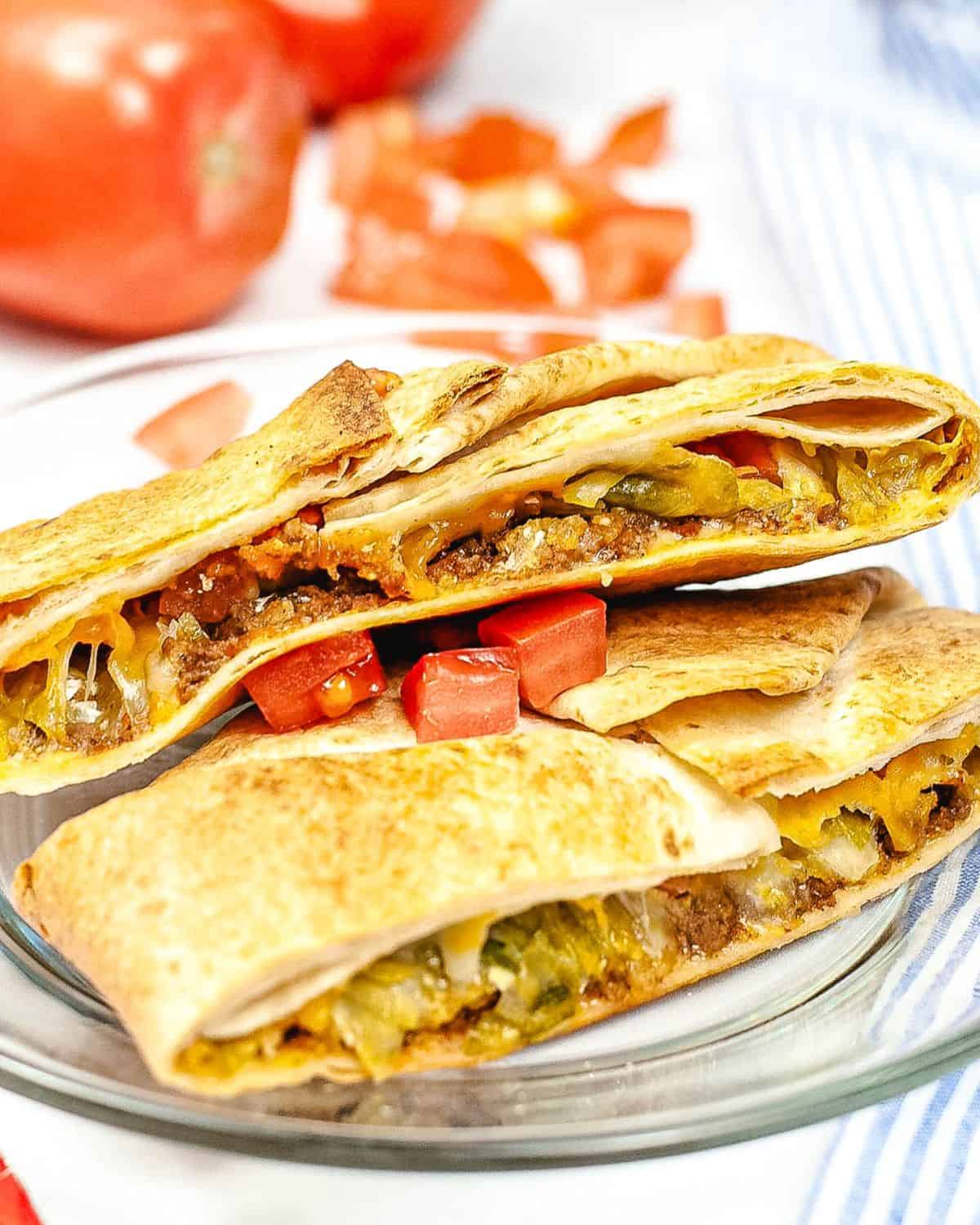 A sliced Taco Bell copycat of crunch wrap supreme.