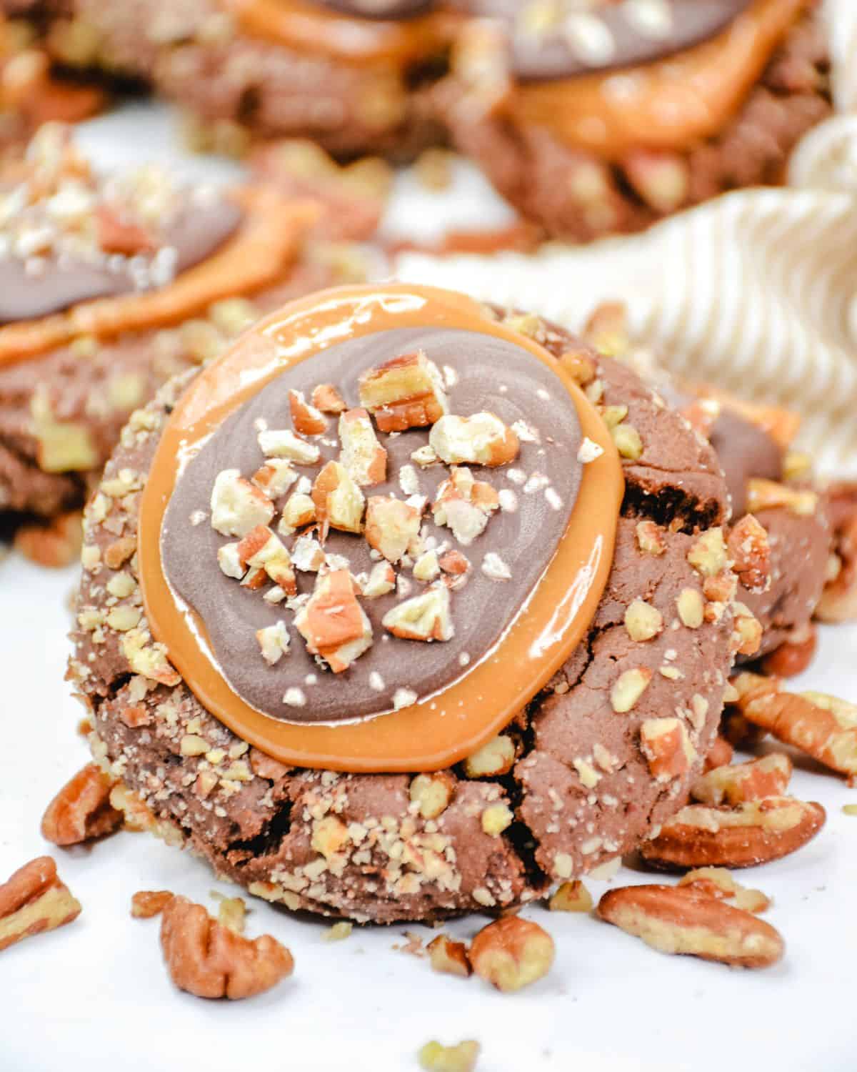 Turtle Cookies, a Crumbl copycat cookie on a tray. 