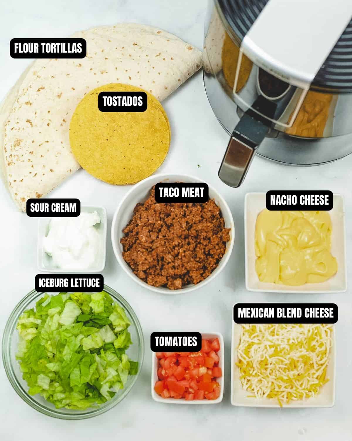 Ingredients with text overlay to make crunchwrap supremes