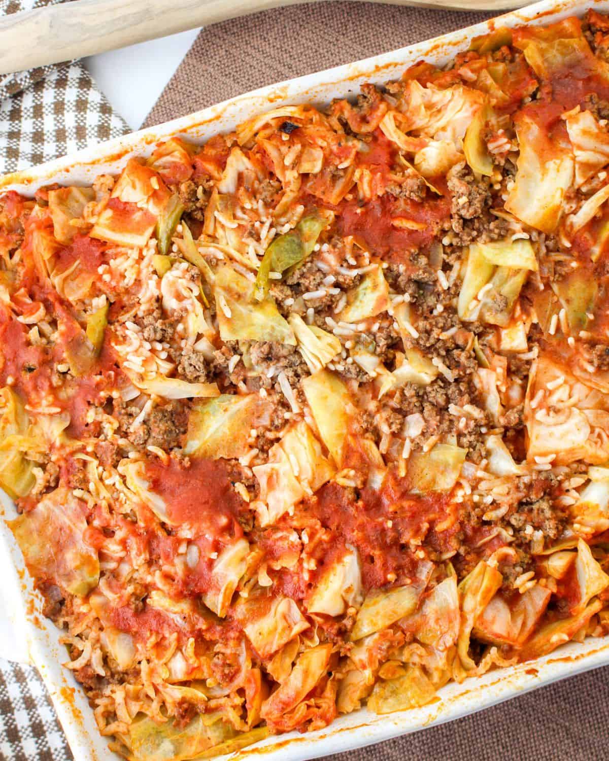 Lazy cabbage roll casserole in a large pan with rice. 