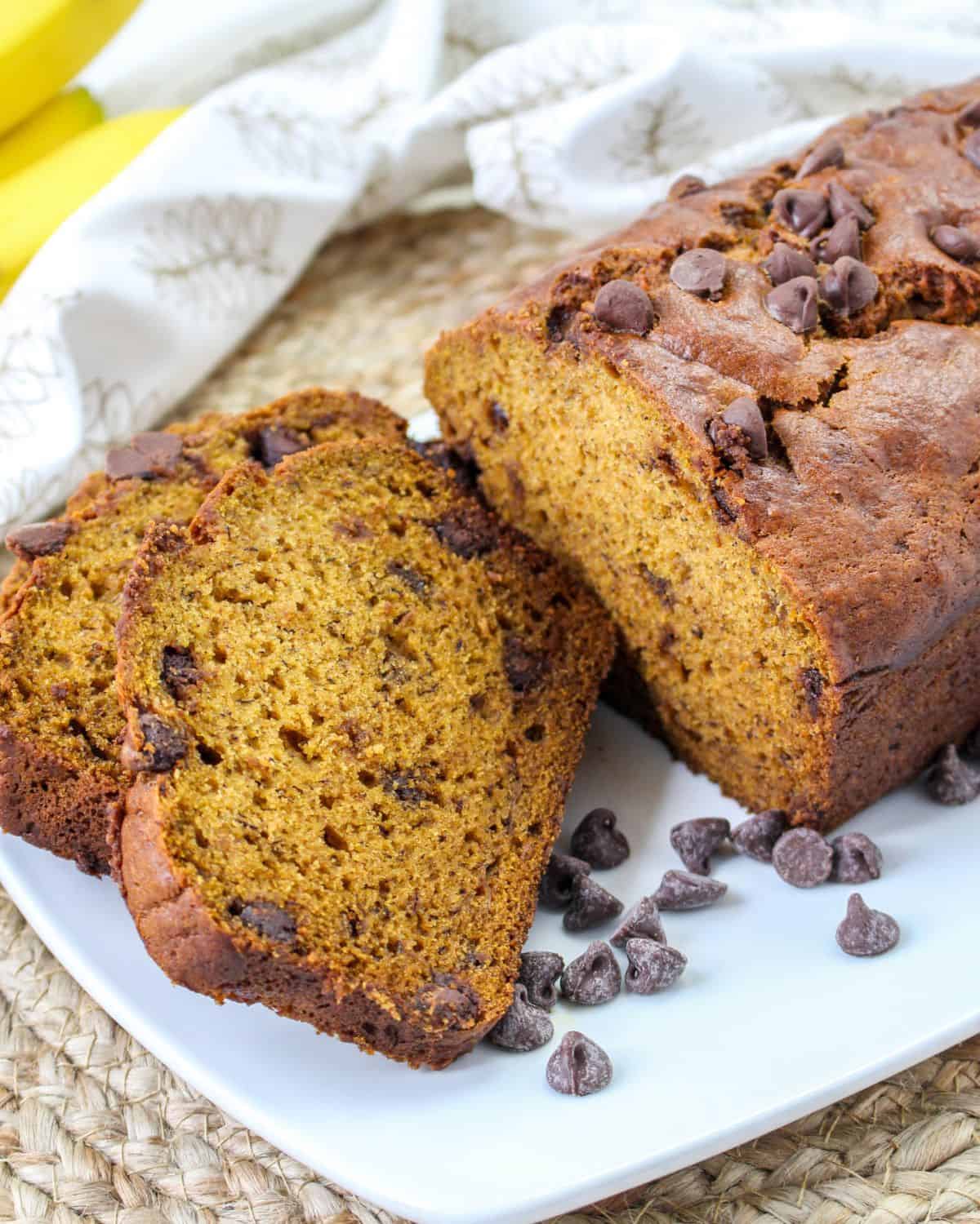 Pumpkin Banana Chocolate chip bread sliced.