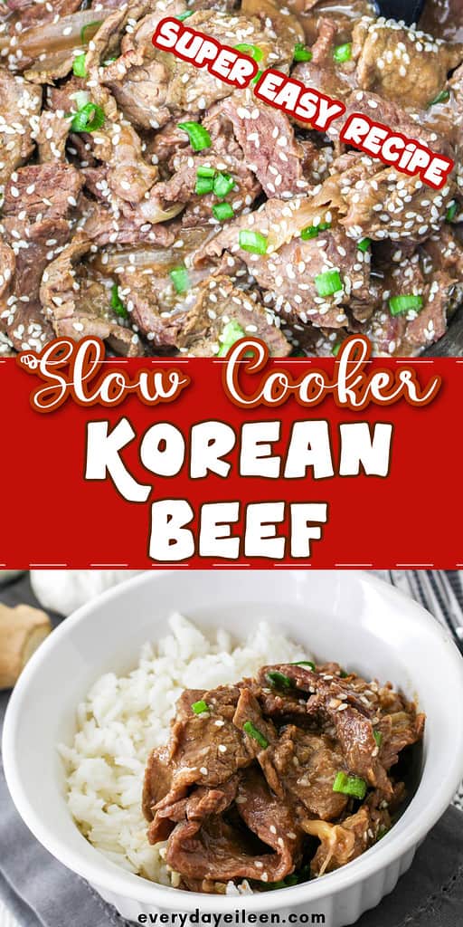 A Pinterest pin with text overlay for slow cooker Korean beef.