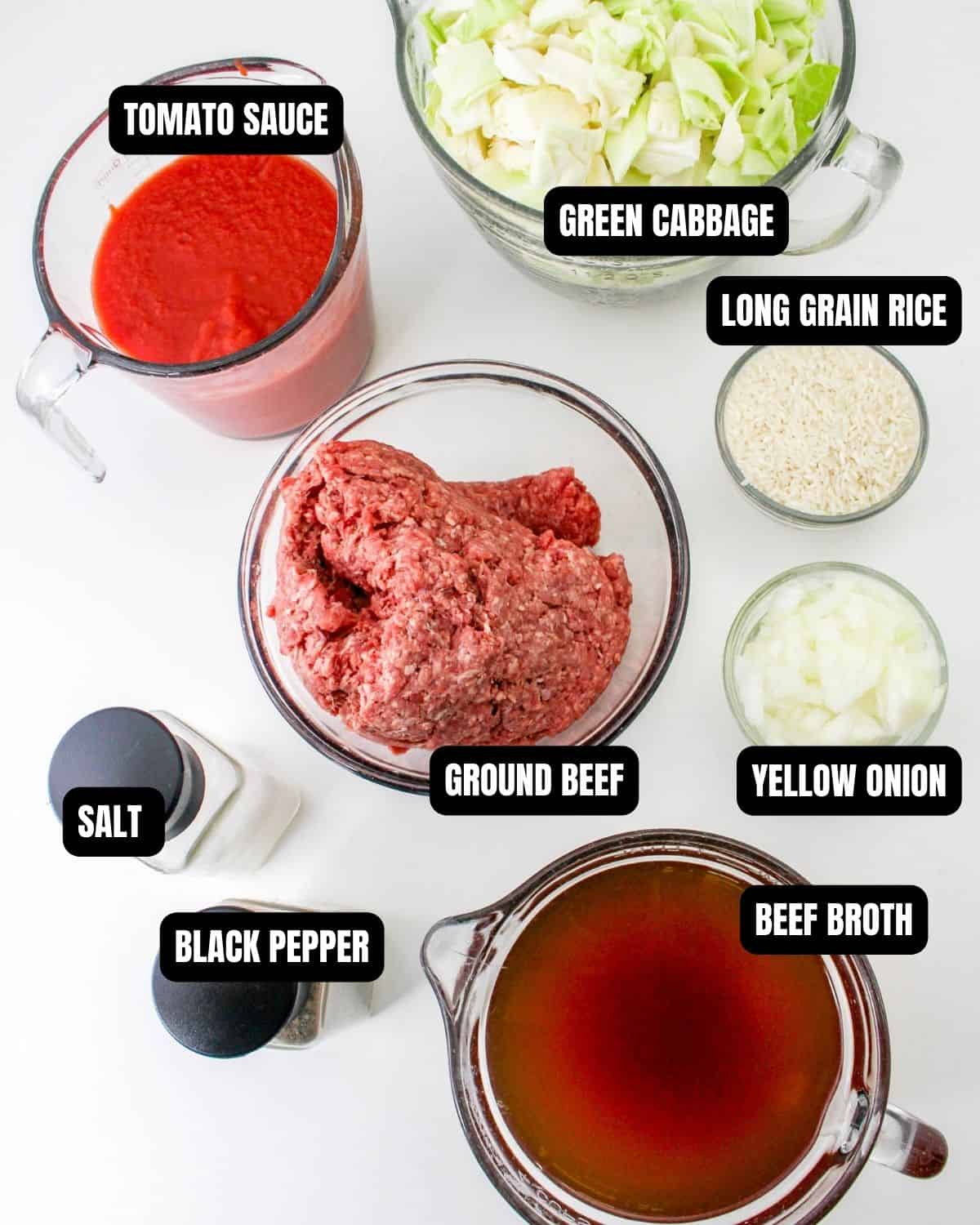 The ingredients to make lazy cabbage casserole with text overlay.