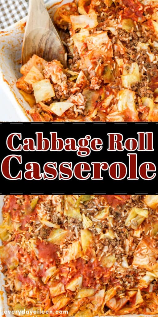 Pinterest pin of cabbage roll casserole with text overlay.