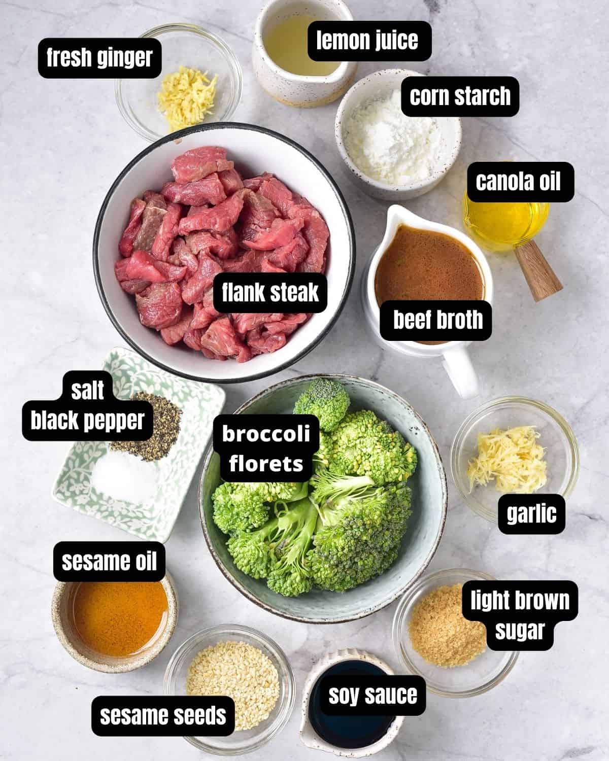 Ingredients with text overlay to make stir fry beef and broccoli.