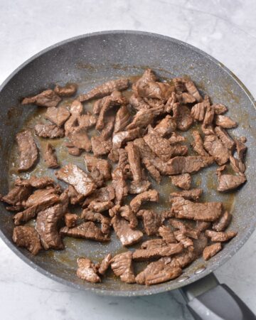 Sliced beef browned in a fry pan.