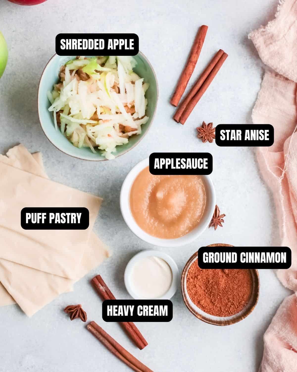 Ingredients with text overlay to make apple pie puff pastry twists.