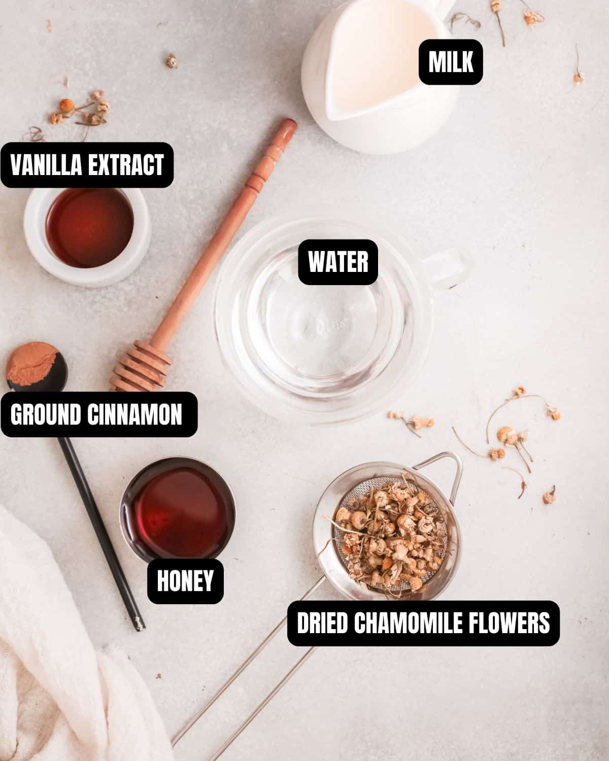 Chamomile iced latte tea with text overlay for the ingredients.