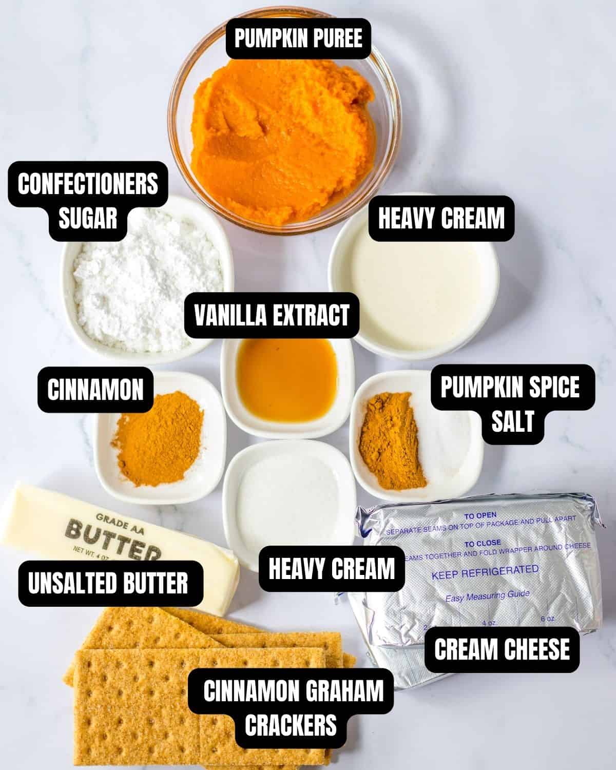 Ingredients with text overlay to make no bake pumpkin cheesecake.